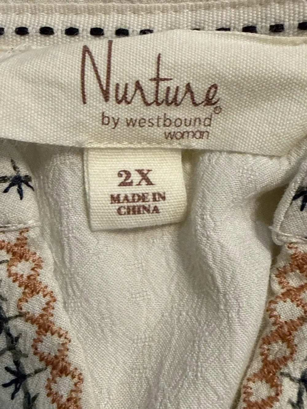 Nurture by Westbound Beige Boho Embroidered Yoke Top Size 2X
